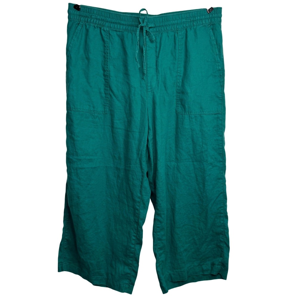 Lands End Large 14-16 High Rise 100% Linen Teal Green Crop Pants